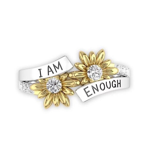 ❤️33❤️ “I AM ENOUGH” Two Tone 14k White Gold Yellow Gold Daisy Diamond Ring - Picture 3 of 13